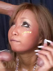 Riku Hinano Asian with long nails gets cum on face from two dongs