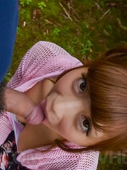 Anna Anjo Asian in cute outfit is happy to suck boner in nature